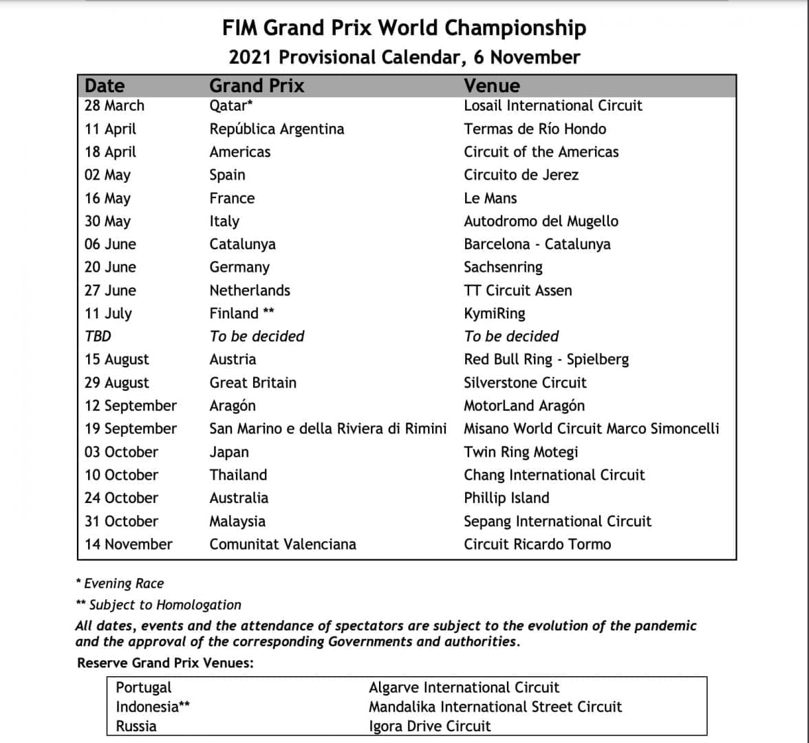 De eerste FIM MotoGP kalender